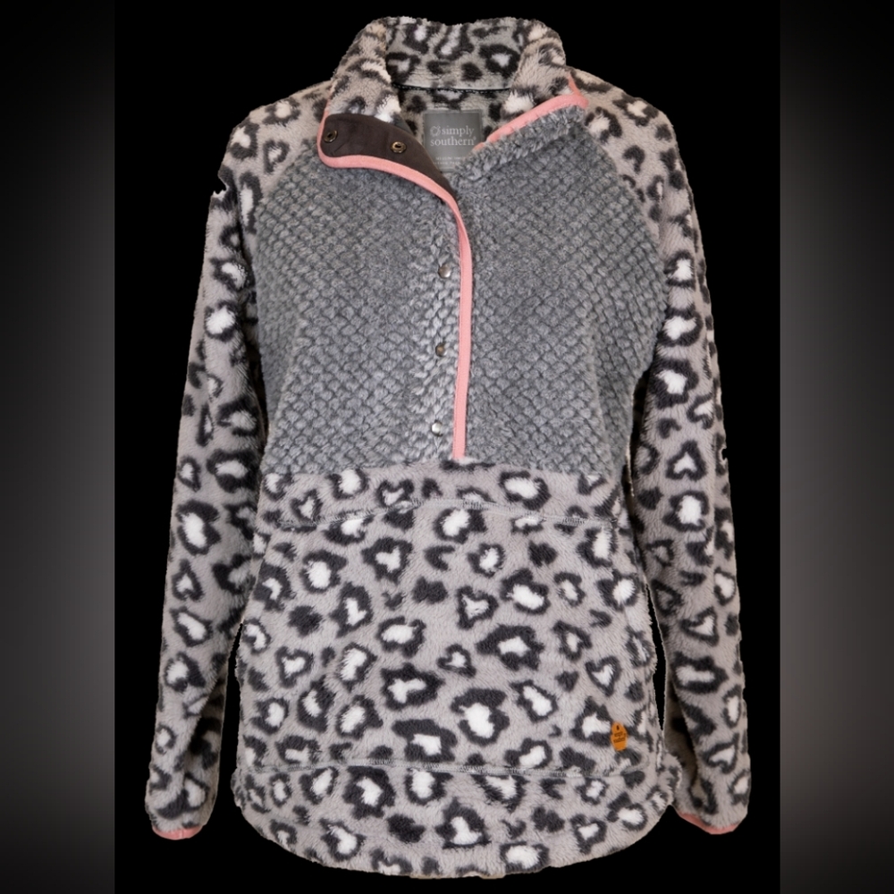 Simply Southern SS Gray Pink Leopard Solid Yoke Sherpa Sz XL WT270